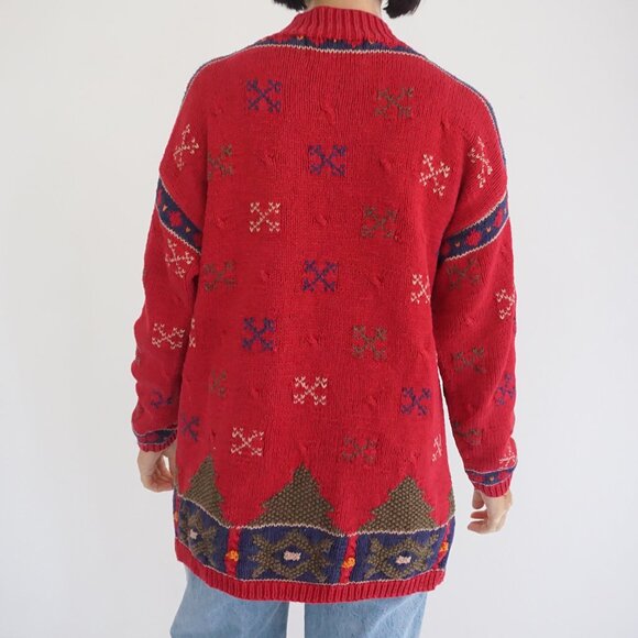 Vintage Portraits Red Moose Tree Knit Sweater Cabincore Cotton Festive L - Picture 2 of 10